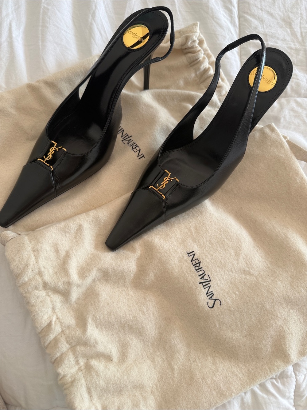 Saint Laurent Black Leather Pointed Slingback Pumps with Gold YSL Charm - Picture 7 of 7